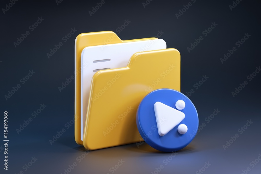 Poster 3D render of a yellow folder icon with a blue play button, symbolizing file sharing or media.