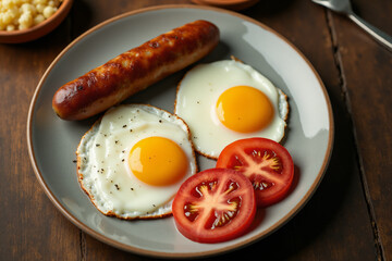 Plate with two fried eggs, sausage and slices of tomatoes, top view
