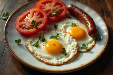 Plate with two fried eggs, sausage and slices of tomatoes, top view