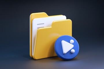 3D render of a yellow folder icon with a blue play button, symbolizing file sharing or media.