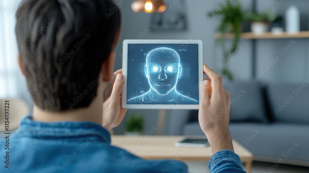 Poster human on a video call with a digital ai avatar, the holographic projection of the ai appearing above