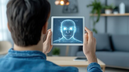  human on a video call with a digital AI avatar, the holographic projection of the AI appearing above a tablet on the table