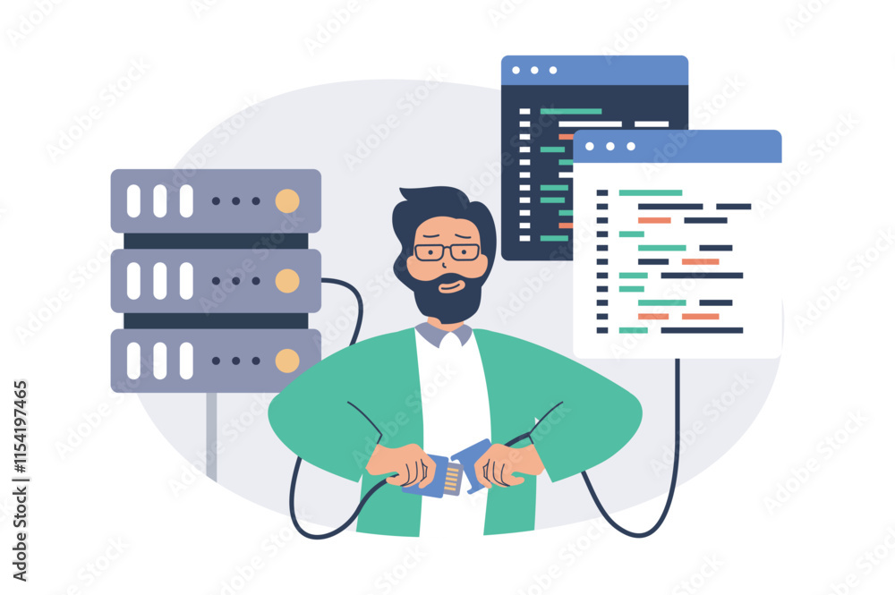 Aufkleber System administrator web concept with flat cartoon people for website design. Man monitoring server infrastructure, does maintenance update and optimization, fixing code problems. Vector illustration.