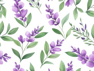 Elegant Purple Floral Seamless Pattern with Green Leaves on White Background