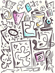 Abstract doodle art print, chaotic shapes, vibrant colors, white background, design element.