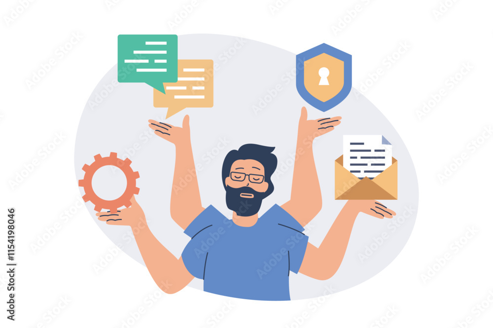 Aufkleber System administrator web concept with flat cartoon people for website design. Man does maintenance to server infrastructure, making updates, protecting service and chatting. Vector illustration.