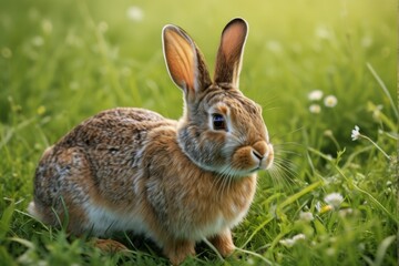 there is a rabbit that is sitting in the grass