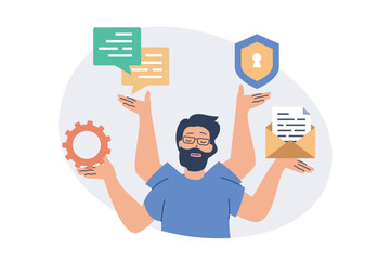 System administrator web concept with flat cartoon people for website design. Man does maintenance to server infrastructure, making updates, protecting service and chatting. Vector illustration.