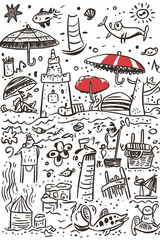 Beach fun doodle illustration sandcastles, umbrellas, sea, summer activities.