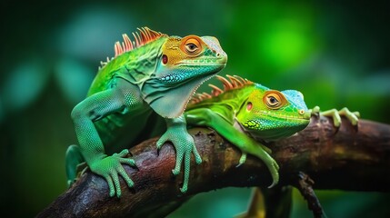 Fototapeta premium Two colorful iguanas perched on a branch in a lush green tropical environment.