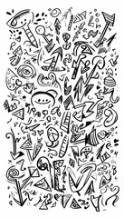 Black and white doodle arrows design, chaotic background, graphic design element.