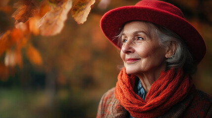 Elderly woman wearing a red hat and scarf enjoys autumn in a park. 
