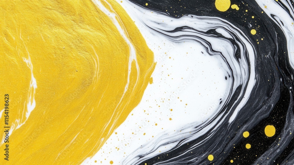 Poster abstract yellow and black swirl pattern on white background with dots