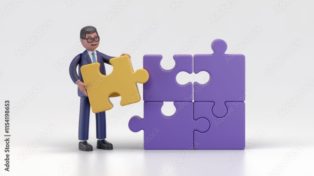 Aufkleber a businessman places the final piece in a puzzle, symbolizing completion and problem-solving.