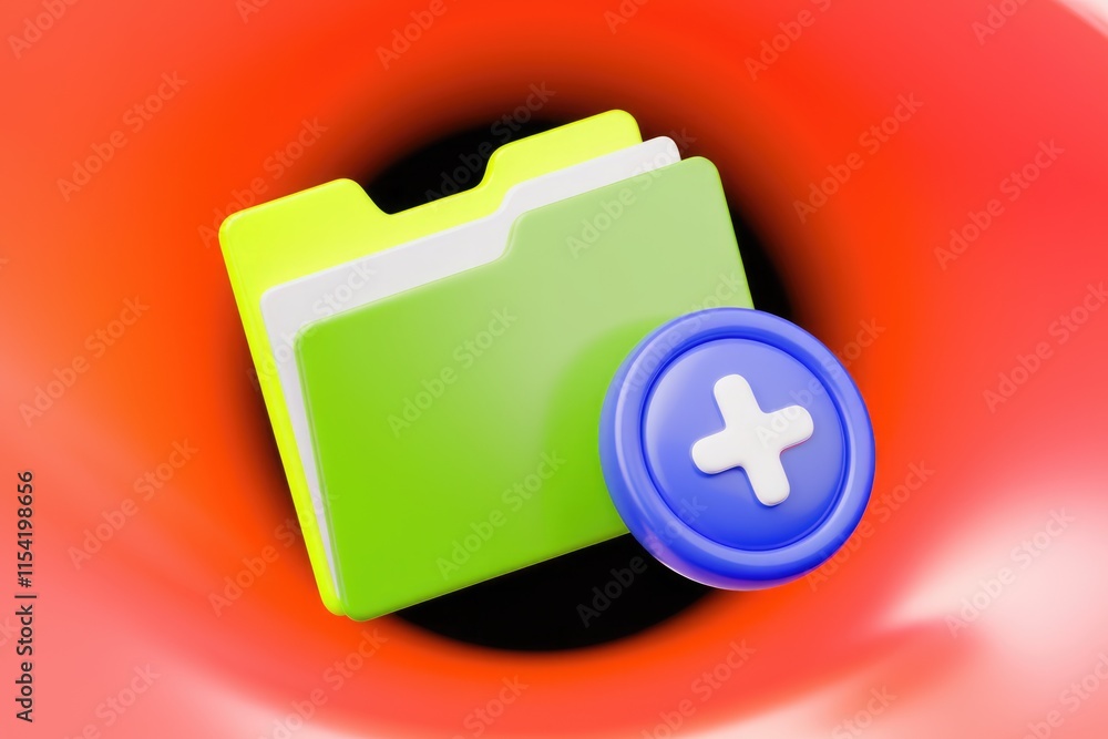 Poster 3D render of a green folder with a blue plus button, symbolizing adding a new file or creating a folder.