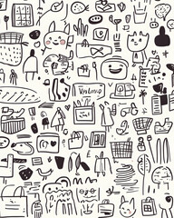 Busy City Life Doodle Pattern, Urban Background, Shopping, Illustration, Website Design.