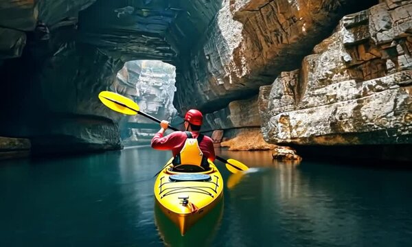 Un tranquilo paseo en kayak por una impresionante cueva, rodeado de paredes rocosas majestuosas y aguas serenas que invitan a la aventura y la exploraci&oacute;n