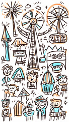 Children Amusement Park Funfair Sketch Illustration.