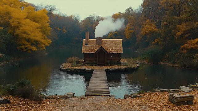Secluded lake cabin with wooden dock in autumn.