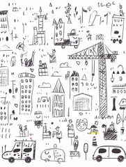 Child's drawing city construction site, urban background, design element.
