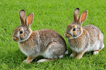 Obraz premium two rabbits sitting in the grass with their ears up