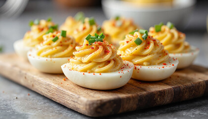 Deviled eggs topped with creamy filling and paprika served on a wooden board