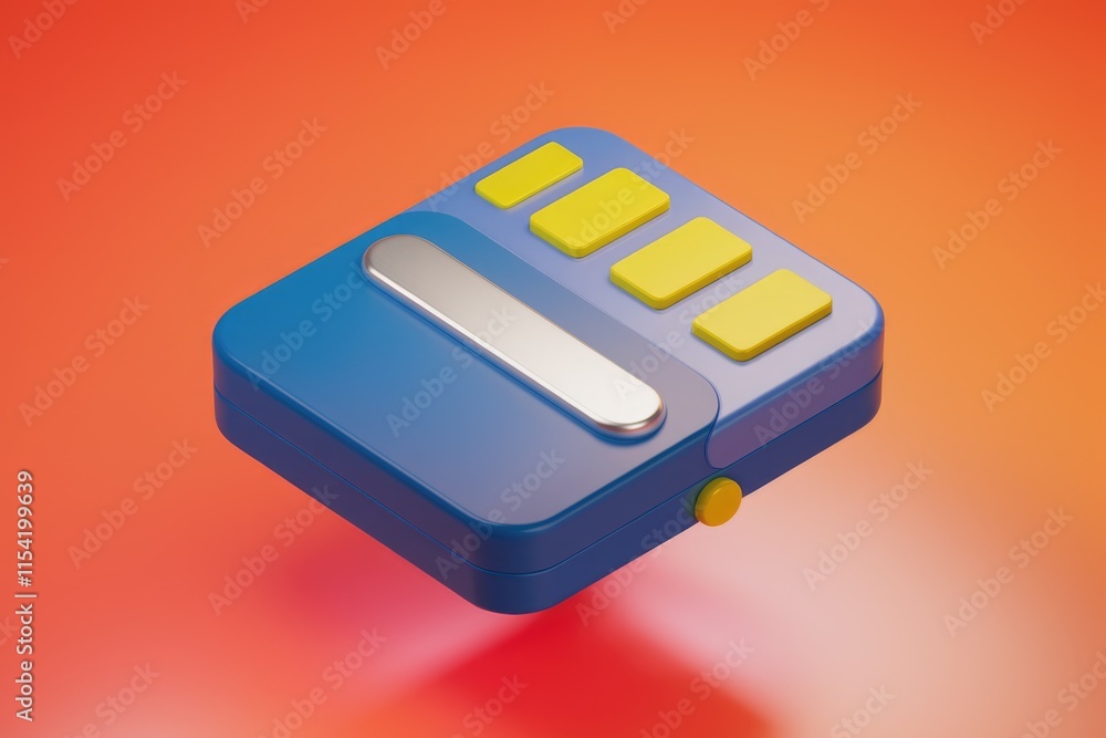 Poster A 3D rendering of a blue device with yellow buttons, possibly a calculator or a futuristic gadget.