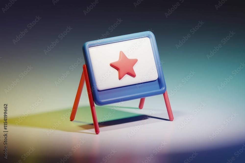 Poster A 3D rendering of a small easel displaying a single red star, symbolizing achievement or rating.