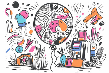 Colorful Doodle Balloon Travel Illustration, Luggage & Camera, Whimsical Background.