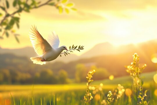 A beautiful scene unfolds as a white dove soars high, carrying an olive branch in its beak against warm sunlight, symbolizing peace and hope during the cherished Easter celebration