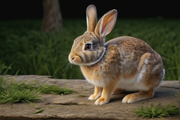 Fototapeta premium there is a rabbit that is sitting on a rock in the grass