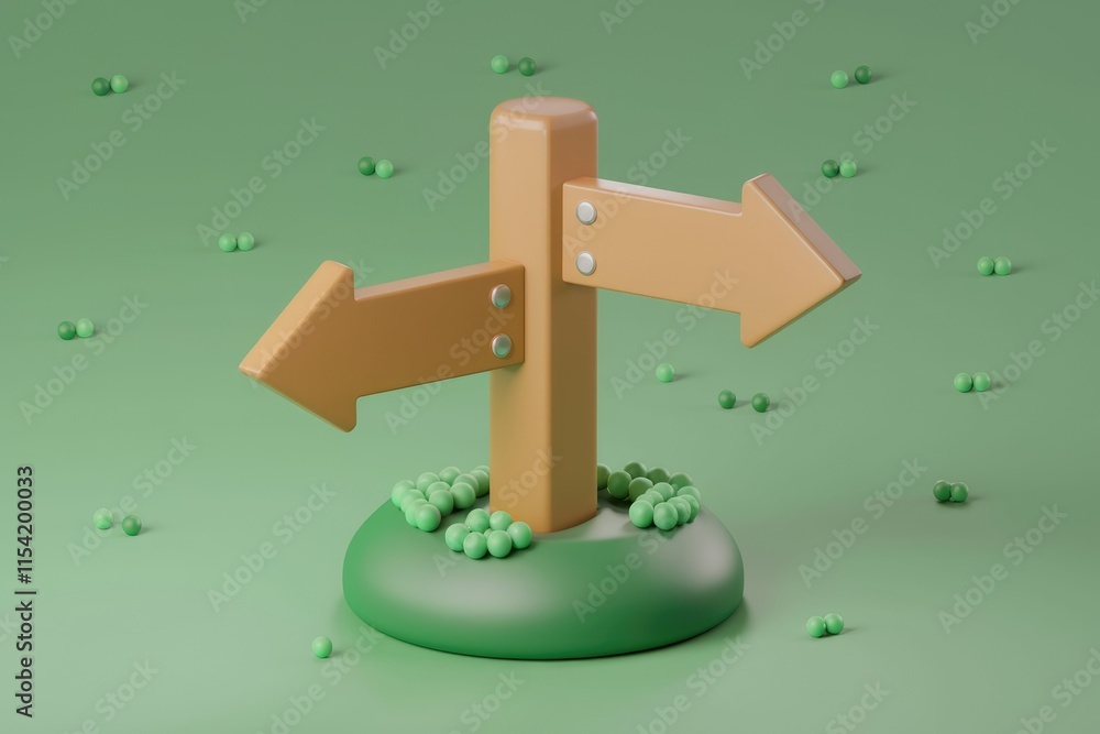 Poster a 3d rendered image of a wooden signpost with two opposing arrows, symbolizing a choice or decision.