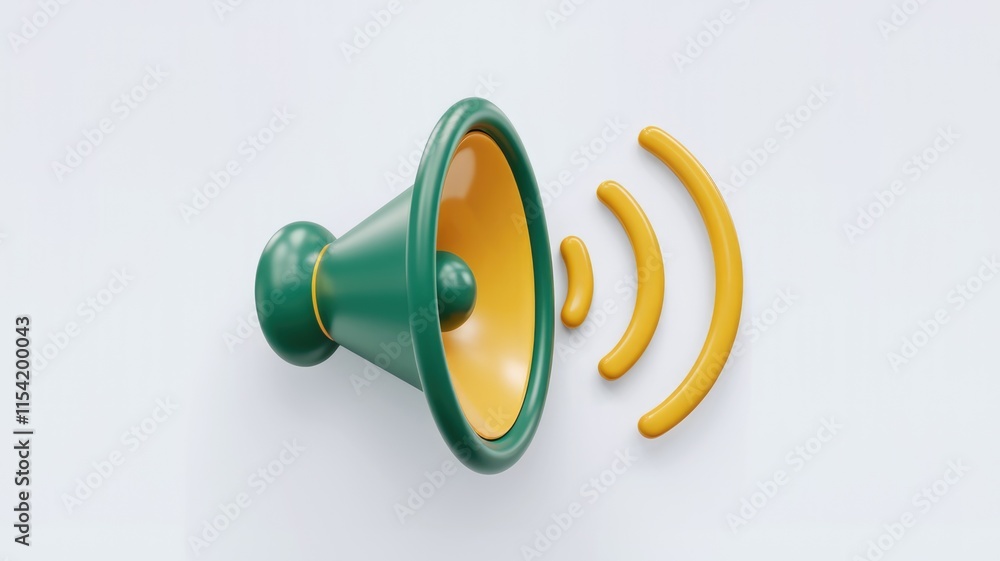 Poster 3d render of a green and yellow speaker emitting sound waves, symbolizing audio broadcasting or anno