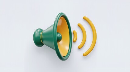 3D render of a green and yellow speaker emitting sound waves, symbolizing audio broadcasting or announcement.