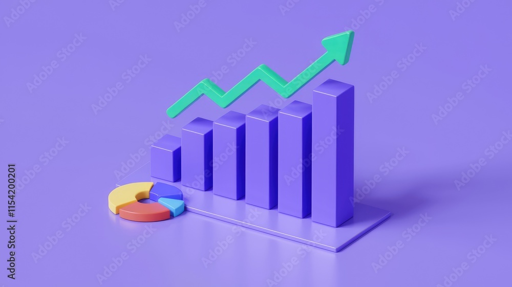 Poster Upward trending bar graph with pie chart, illustrating growth and data analysis.