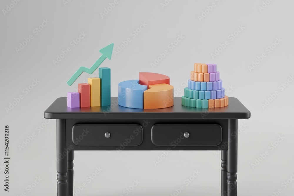 Aufkleber Colorful 3D charts and graphs depicting growth and data analysis on a black table.
