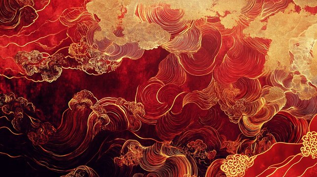 Abstract background with swirling, flowing, clouds and lines in rich red and gold colors.