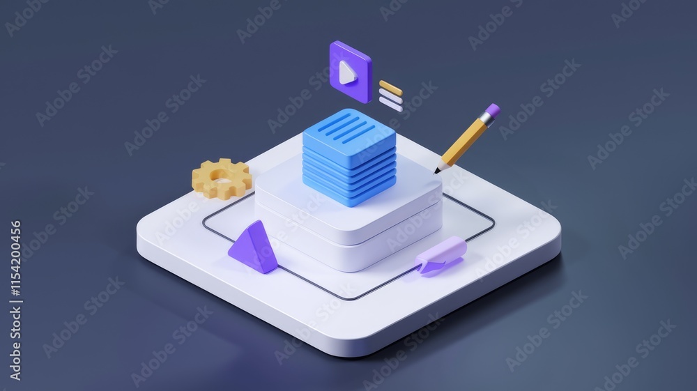 Poster 3D illustration of data processing and content creation with various icons.