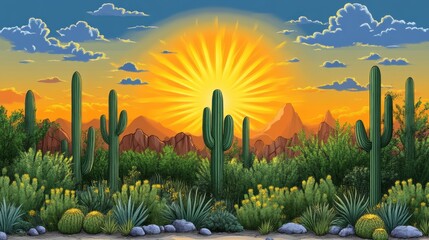 Vibrant sunrise over a Sonoran Desert landscape with cacti and desert flora.