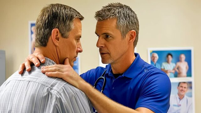 Two Caucasian men, one wearing a gray shirt and the other in a blue polo, engage in a serious discussion in an office environment, conveying a sense of urgency and connection.