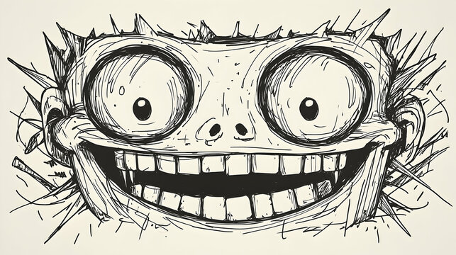 Crazy cartoon face sketch, wide grin, exploding head, white background, graphic design.