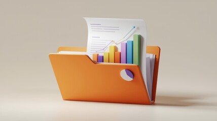 An orange folder contains a document displaying an upward trending bar graph, symbolizing growth and progress.