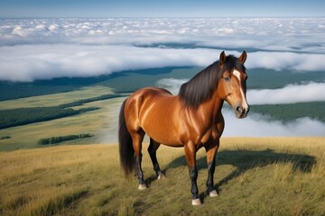 Fototapeta premium there is a horse standing on a hill with a view of the clouds