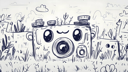 Cute cartoon camera in nature, whimsical sketch, idyllic background, kids' book illustration.