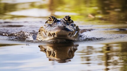 Obraz premium A crocodile surfacing from a calm body of water, reflecting its intense gaze.