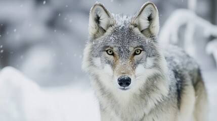 Obraz premium A wolf standing in snow with snowflakes falling in a serene winter landscape.