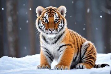 Obraz premium there is a tiger cub sitting in the snow in the woods