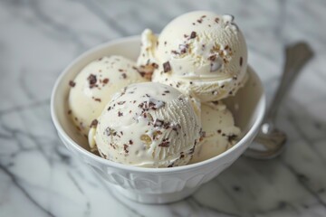 Delicious scoops of vanilla ice cream topped with chocolate shavings sit in a white bowl, ready to be enjoyed