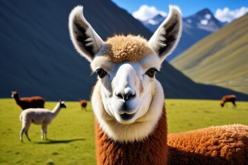 Obraz premium there are many llamas in the field with mountains in the background