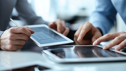 Fototapeta premium Creative team brainstorming digital marketing concepts and product designs using tablets and laptops